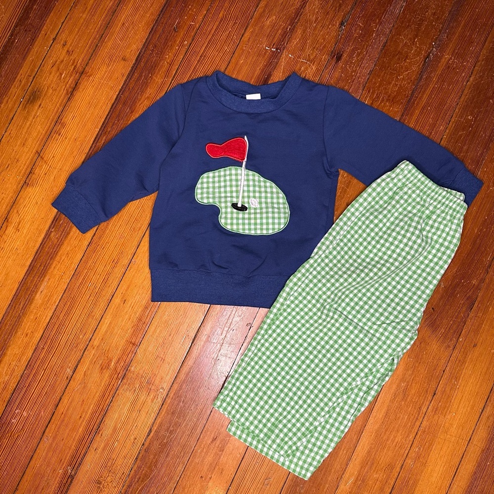 Navy Golf Themed Sweatshirt and Green Checkered Pants Set 12-18 M